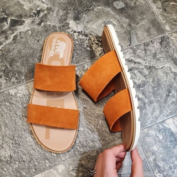 Sorel Ella II Desert Sun/Chalk Burnt Orange Two Strap Slide Slip-on Sandals 7 - Picture 2 of 8
